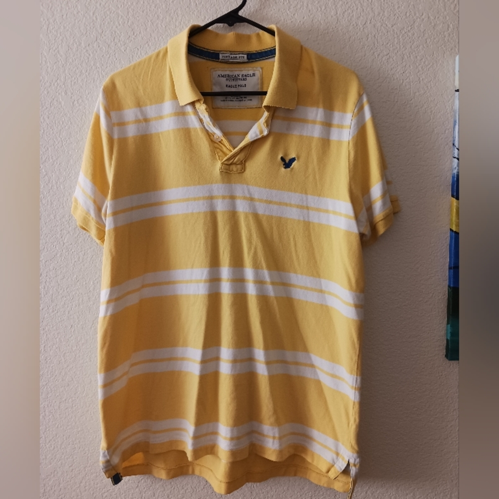 American Eagle Polo Shirt Men's Large Vintage Fit Yellow White Short Sleeve